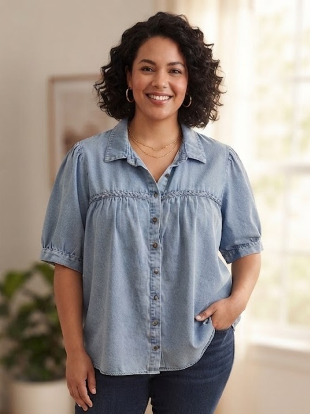 Jane and Delancey Light Wash Denim Button-Up Blouse - #308